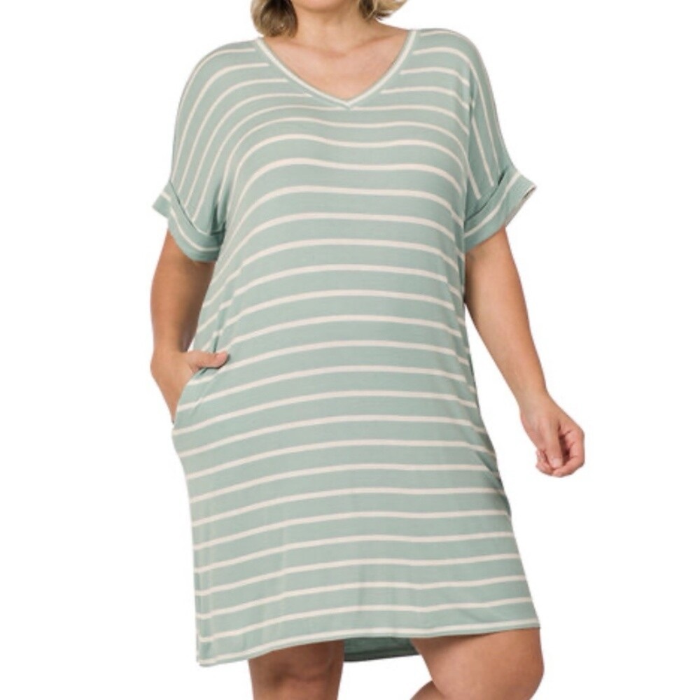 PLUS Zenana rolled short sleeve vneck striped dress